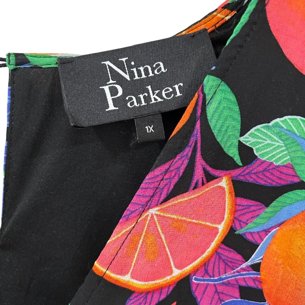 Nina Parker fruit print maxi dress 1X citrus orange high slits resort vacation - Picture 5 of 11